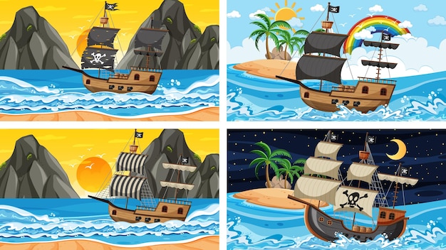 Vecteur ensemble d'océan avec bateau pirate à différents moments des scènes en style cartoon