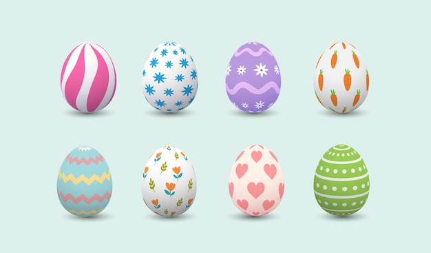 Ensemble d'oeufs de Pâques heureux réalistes avec différentes couleurs sur fond blanc. Oeufs mignons en vacances de printemps.