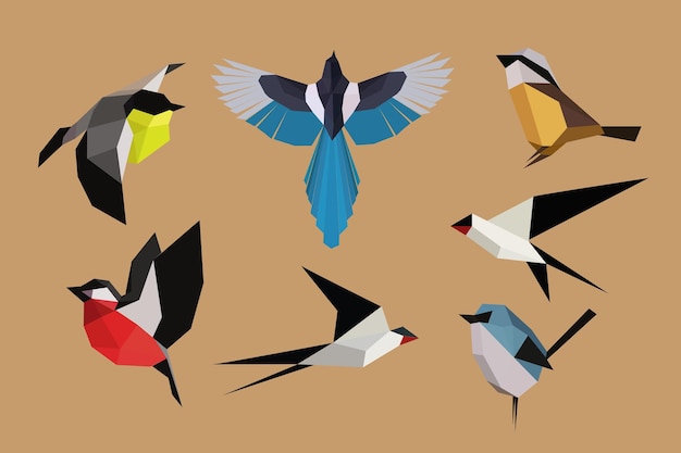 Vecteur ensemble d'oiseaux dans un style origami avec effet 3d mésange pie hirondelle dans différentes poses