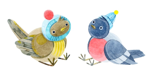 Ensemble D'oiseaux Mignons Un Moineau Et Un Bouvreuil En Chapeaux Tricotés Illustrations à L'aquarelle Dessinées à La Main D'un Oiseau Sur Fond Blanc Pour Les Blogs De Cartes Imprime Des Vacances D'hiver Nouvel An Joyeux Noël