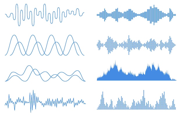 Ensemble D'ondes Sonores Bleues Technologie D'égaliseur Audio Impulsion Musique Musicale Fréquence Audio Ligne Vocale Forme D'onde Signal Radio électronique Symbole De Niveau De Volume