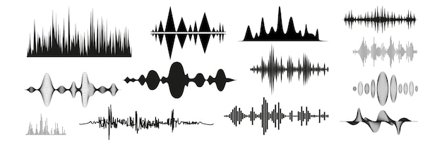 Ensemble D'ondes Sonores Réalistes. Collection De Signaux De Musique Radio à Différentes Fréquences Audio. L'illustration Des Technologies D'égaliseur Numérique Et Des Lignes De Pulsation Ou De L'enregistrement Vocal Bat La Maquette Des Vibrations.