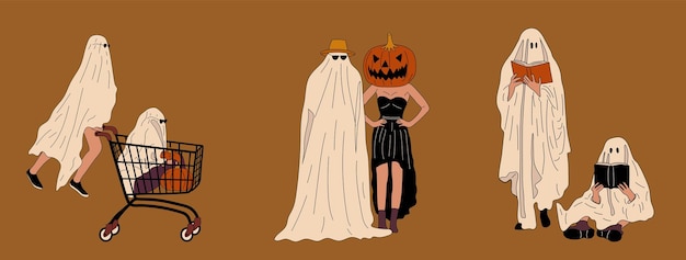 Ensemble d'ouples en costume d'Halloween Ghost Illustration vectorielle de style design plat