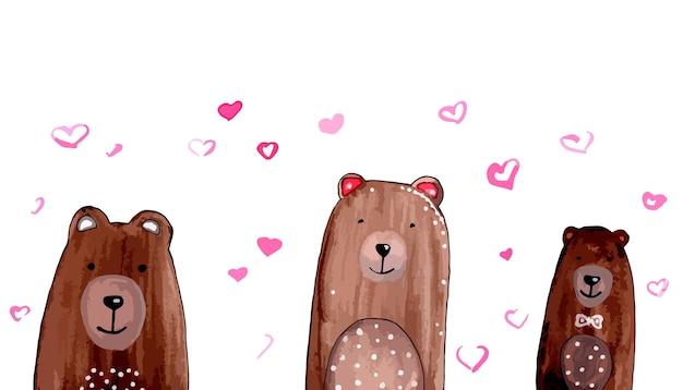 Ensemble D'ours Aquarelles Avec Des Coeurs Dessinés à La Main