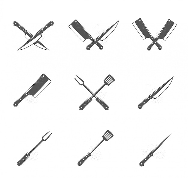 Vecteur ensemble d'outils de barbecue et grill isolé sur fond blanc. éléments de conception pour menu, affiche, emblème, signe. illustration monochrome