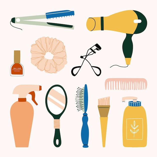 Ensemble D'outils De Coiffure, Manucure, Maquillage Et Produits De Beauté Cosmétiques. Fer à Lisser, Sèche-cheveux, Peigne, Shampoing, Miroir à Main, Brosse, Spray, Recourbe-cils, Chouchous Et Illustration De Vernis à Ongles.