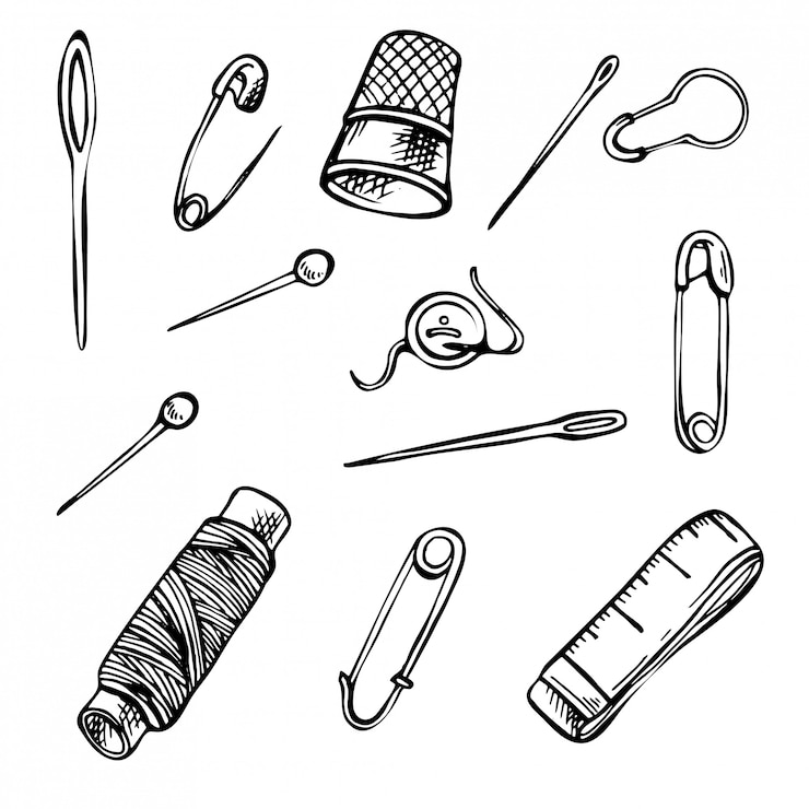 Vecteur ensemble d'outils de couture de croquis. ensemble d'illustrations d'encre dessinés à la main.
