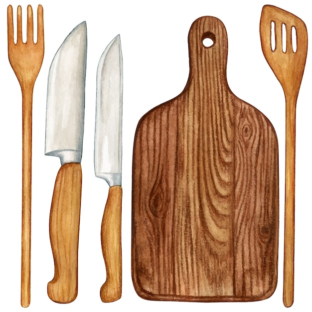 Ensemble D'outils De Cuisine Aquarelle Ustensiles En Bois