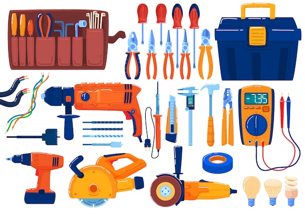 Ensemble D'outils électriques, équipement, Pinces Pour Dénuder Le Fil, Coupe-fil, Tournevis Et Multimètre, Illustration De Ruban électrique.