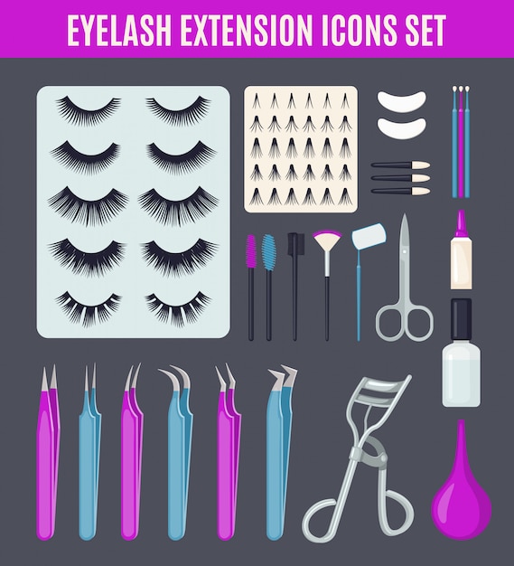 Vecteur ensemble d'outils d'extension de cils dans un style plat.