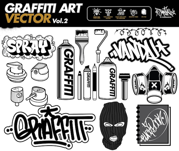 Vecteur un ensemble d'outils graffiti art vector graffiti et de conceptions d'autocollants thème urbain d'art de rue en éditable