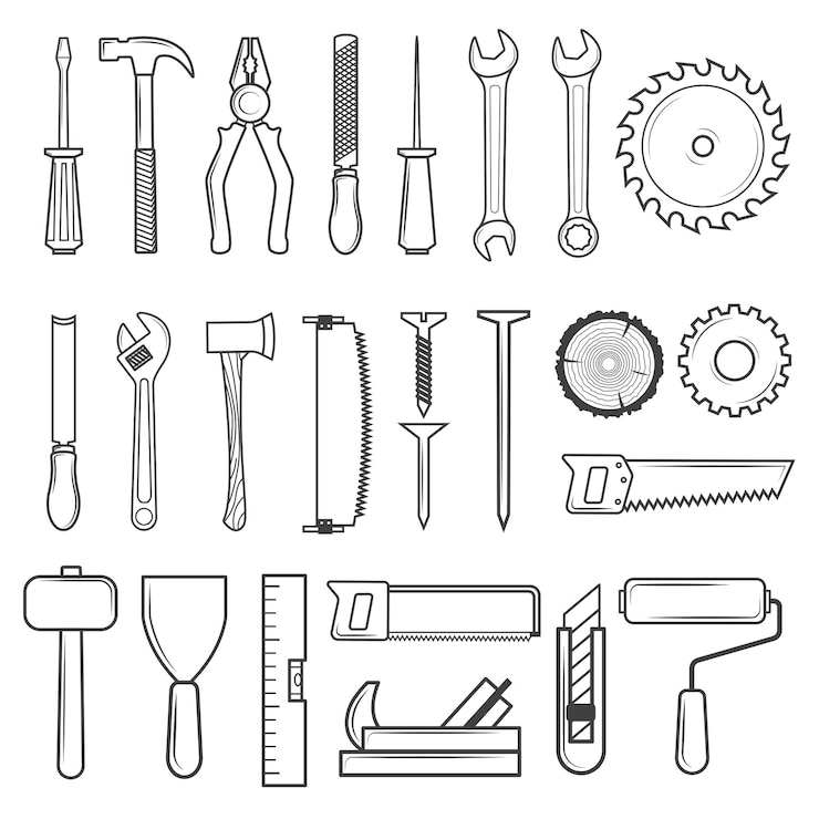 Vecteur ensemble d'outils d'icône style de ligne pour le service de réparation de menuiserie scierie de bûcheron et menuiserie isolées sur fond blanc illustration vectoriel