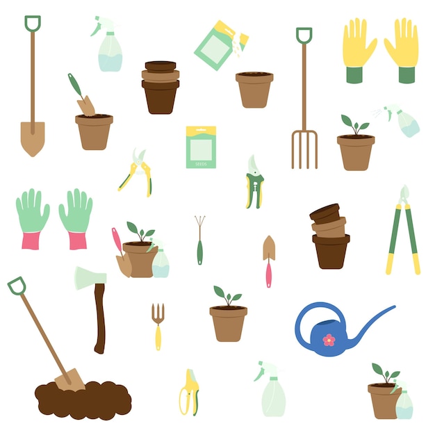 Ensemble D'outils De Jardin Collection D'objets Liés Au Jardinage Et à L'agriculture Illustration Vectorielle