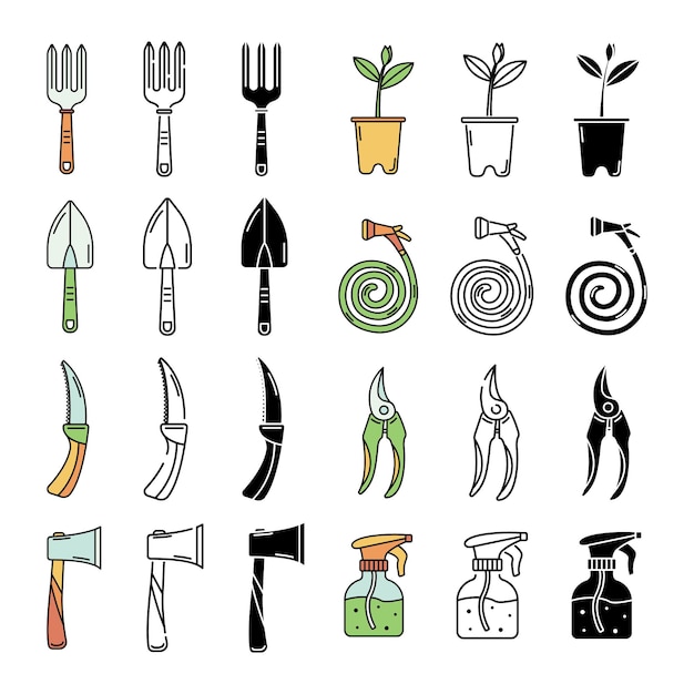 Vecteur l'ensemble avec des outils de jardin. dessin au trait et style simple.