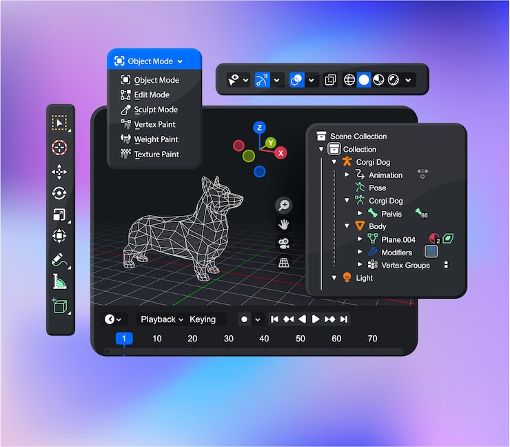 Vecteur ensemble d'outils logiciels d'infographie 3d utilisés pour créer des films d'animation, des effets visuels, de l'art, de la 3d-pri