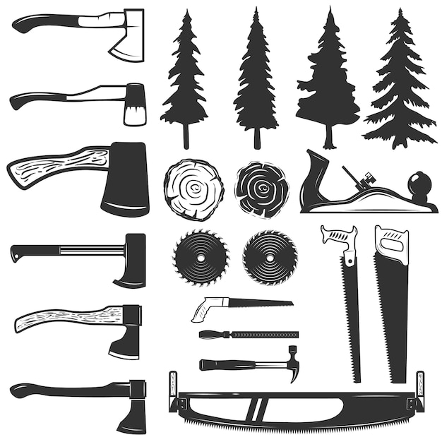 Ensemble d'outils de menuisier, d'icônes de bois et d'arbres. éléments pour logo, étiquette, emblème, signe. illustration