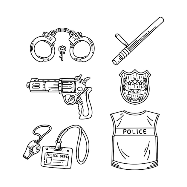 Ensemble d'outils de police et uniforme de style doodle