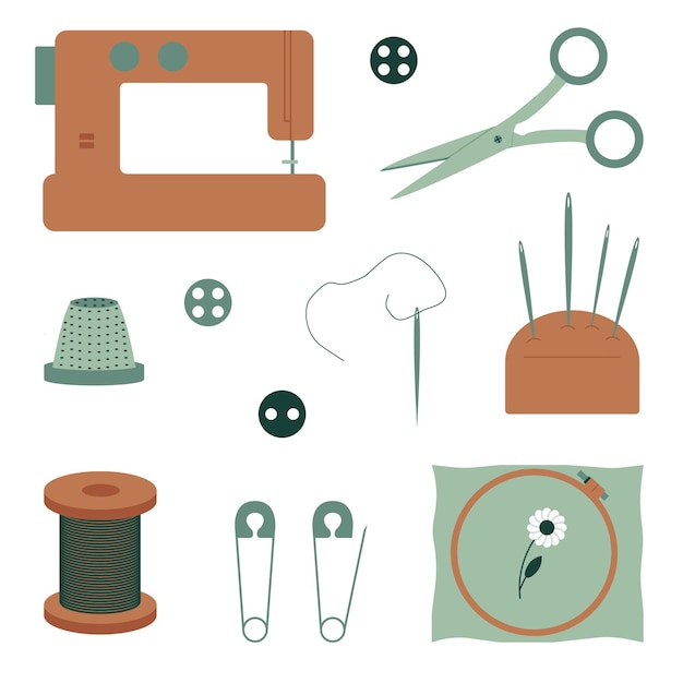 Ensemble D'outils Pour La Couture Artisanat Broderie Hobby Flat Style Vector Illustration