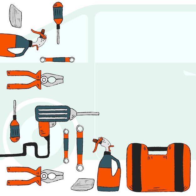 Ensemble D'outils De Réparation De Voiture Espace De Copie Pour Le Texte Dessin à La Main Illustration Vectorielle Plane