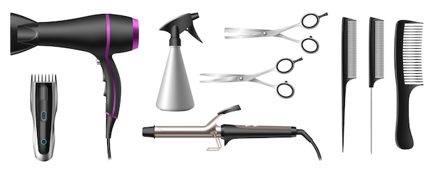 Ensemble d'outils de salon de coiffure ou de salon de coiffure réaliste. Accessoires de coiffure professionnels 3D. Ciseaux, sèche-cheveux, rasoir électrique, fer à friser, tondeuses et peignes. illustration vectorielle 3D