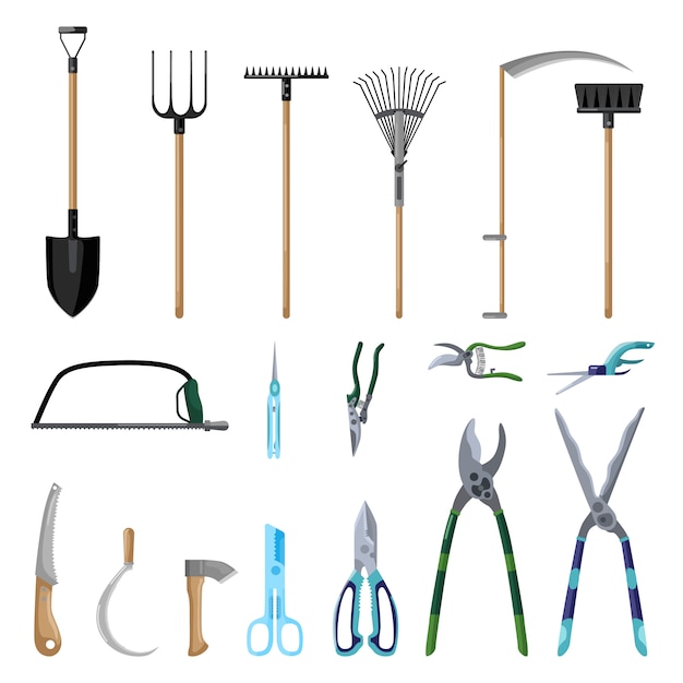 Ensemble D'outils De Soins Professionnels Jardin Isolé Sur Fond Blanc Dans Un Style Plat. Collection Sécateur, Pelle, Fourche, Balai, Hache, Faux, Râteau. Kit De Symboles De Ferme