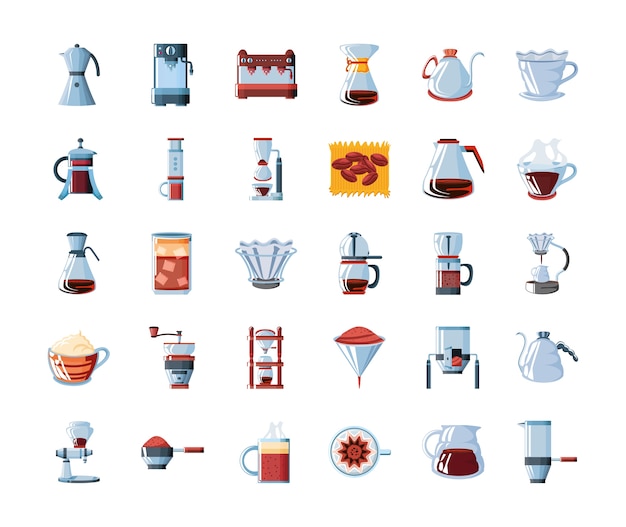 Vecteur ensemble d'outils et d'ustensiles d'icônes de la conception d'illustration vectorielle café