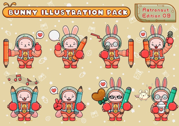 Ensemble Ou Pack Illustration De Mignon Lapin De L'espace Mascotte Tenant Des Crayons Et D'autres Choses