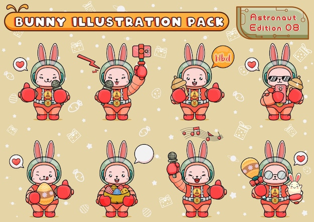 Ensemble Ou Pack Illustration De Mignon Lapin De L'espace Mascotte Tenant Des Oeufs D'ornement Et D'autres Choses