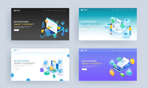 Ensemble de page de destination avec les contrats en ligne de smartphone et ordinateur portable avec investissement d'argent pour Block Chain Smart Contract.