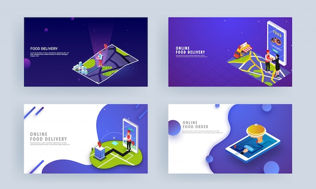 Ensemble De Page De Destination Responsive Avec L'application De Service De Commande Ou De Livraison De Nourriture En Ligne Dans Un Smartphone.