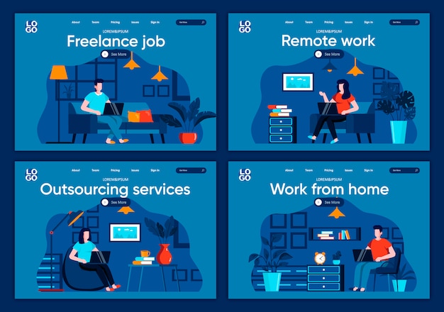 Ensemble De Pages De Destination Plates Pour Le Travail à Distance. Indépendant Travaillant Avec Un Ordinateur Portable Dans Des Scènes De Conditions Confortables Pour Un Site Web Ou Une Page Web Cms. Travail Indépendant, Service D'externalisation, Travail à Domicile.
