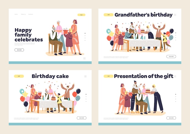 Ensemble De Pages De Destination Pour La Fête De La Famille D'anniversaire De Grand-père