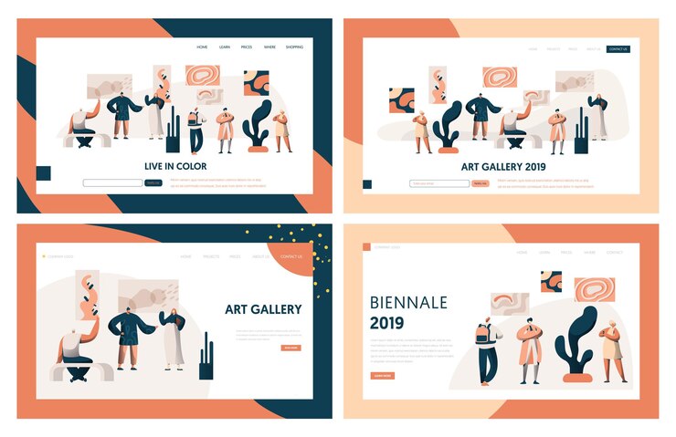 Vecteur ensemble de pages de destination pour les visiteurs de la galerie d'art.