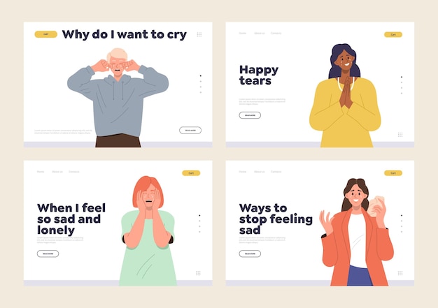 Ensemble De Pages De Destination Proposant Des Méthodes Pour Faire Face Aux états Dépressifs Et Aux Mauvaises émotions Des Personnes