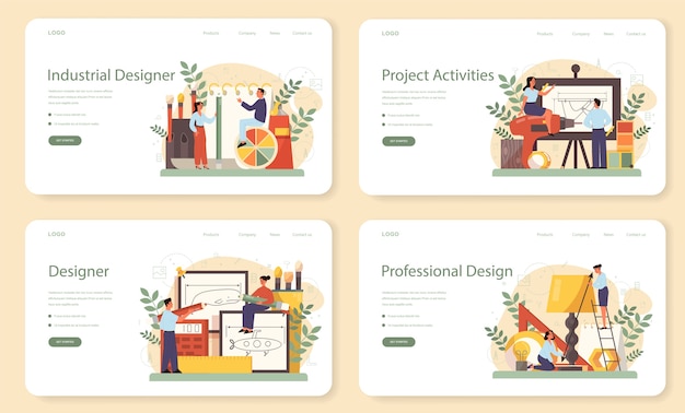 Ensemble de pages de destination Web de concepteur industriel. Artiste créant un objet d'environnement moderne. Conception de l'utilisabilité du produit, développement de la fabrication. Illustration vectorielle isolé