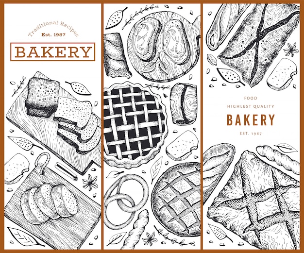 Ensemble de pain et pâtisserie. boulangerie illustration dessinée à la main. Modèle vintage.