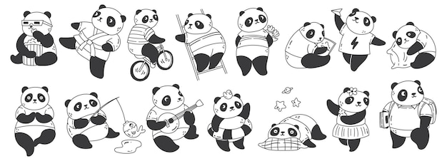 Ensemble De Panda De Dessin Animé Mignon Faisant Diverses Activités