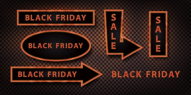 Ensemble De Panneau D'affichage Néon Réaliste Pour Black Friday Pour La Décoration Et La Couverture Sur Le Fond Transparent. Concept De Vente Et Remise.