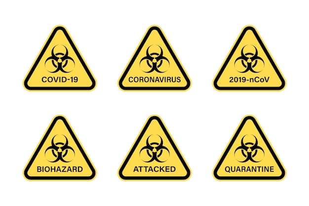 Ensemble de panneaux d'avertissement de danger biologique. Symboles de risque d'infection virale à coronavirus. Zones à risque.