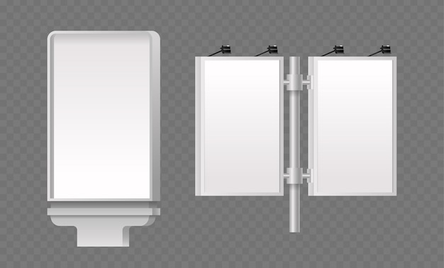 Un ensemble de panneaux blancs et d'écrans publicitaires, un fond transparent et des maquettes vectorielles 3D réalistes.