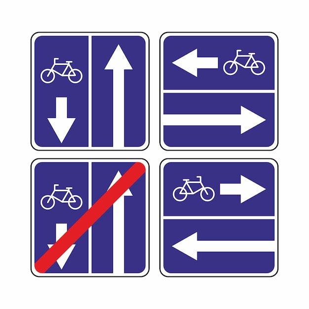 Vecteur ensemble de panneaux de signalisation pour les cyclistes panneau de vélo de route indiquant le sens du déplacement route pour les vélos à pédales