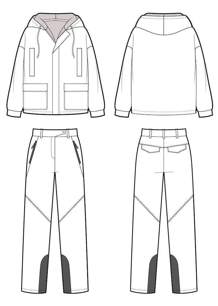 Vecteur ensemble de pantalons de ski et croquis plats de veste