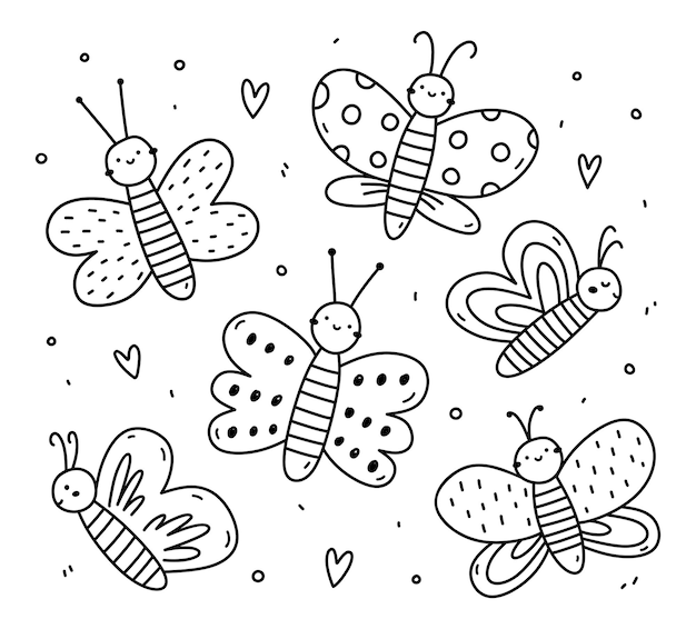 Ensemble de papillons mignons et drôles isolés sur fond blanc illustration de doodle dessinés à la main