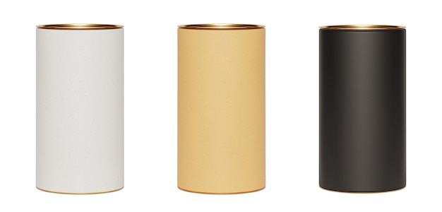 Ensemble de paquets de tubes en papier kraft avec maquette de couvercle doré sur blanc