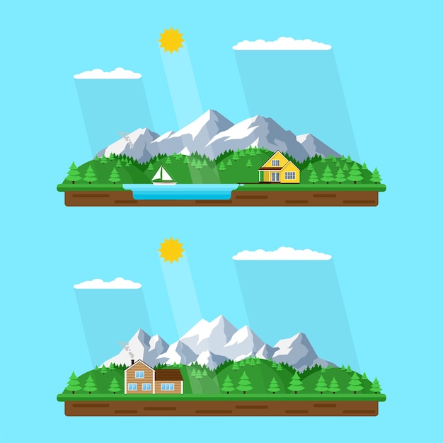 Ensemble De Paysage D'été De Montagne, Illustration De Style, Maison Dans La Forêt Avec Des Montagnes En Arrière-plan, Lac De La Forêt, Repos Dans Un Village Paisible Parmi Les Montagnes Et Les Arbres