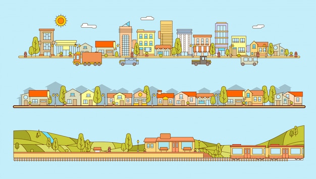 Ensemble de paysage urbain de style de ligne, complexe de logements et gare avec paysage de village et illustration plate de collines