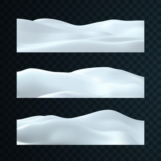 Ensemble de paysages enneigés isolé sur fond transparent foncé. Illustration vectorielle de décorations d'hiver. Fond de neige. Modèle de congère. Concept d'art du jeu. Éléments saisonniers pour la conception
