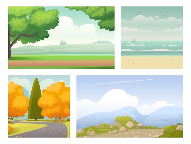 Vecteur ensemble de paysages d'été et d'automne dans la plage du parc près de la mer et vue sur la montagne _ai_generated