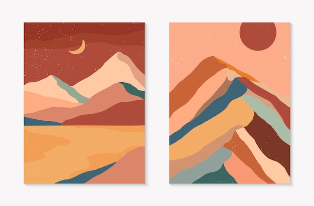 Vecteur ensemble de paysages de montagne abstraits créatifs et d'arrière-plans de chaînes de montagnesillustrations vectorielles modernes du milieu du siècle avec des montagnes dessinées à la mainmer ou désertcielsoleillunedesign contemporain tendance