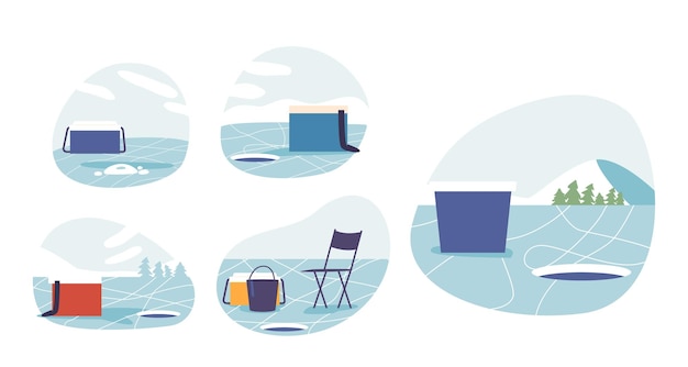 Vecteur ensemble de paysages de pêche d'hiver lac gelé scintillant sous un ciel bleu vif rivage enneigé boîtes de pêche sur glace chaises et pêcheurs en attente de leur capture glacée dessin animé illustration vectorielle